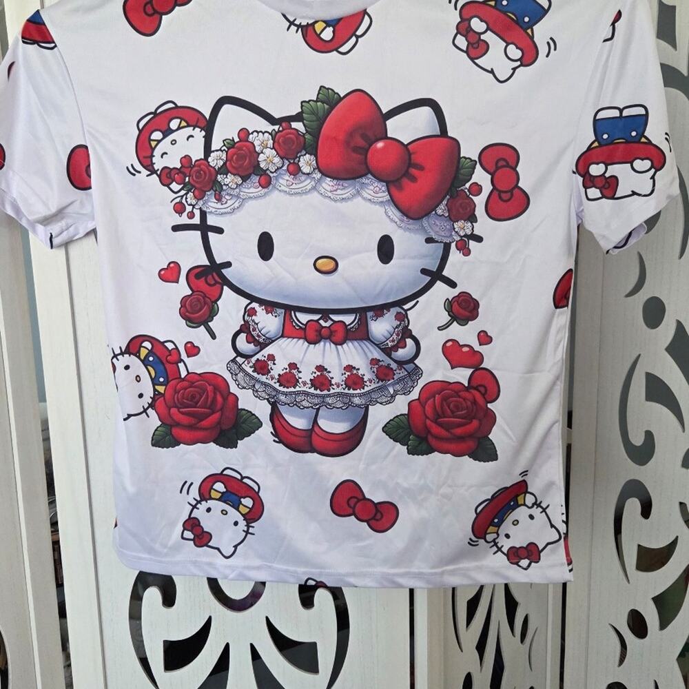 Hello Kitty Floral Rose Graphic T Shirt White All Over Print Women's Medium Cute